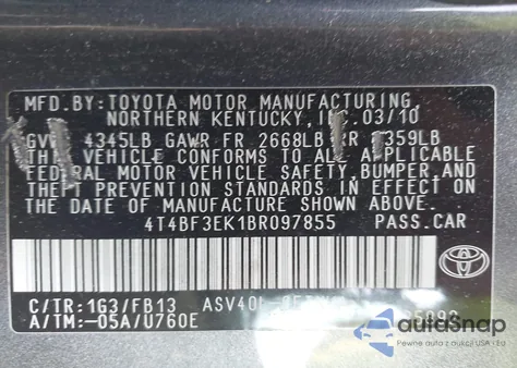 2011 Toyota Camry Se/Le/Xle z USA, uszkodzony, nr VIN 4T4BF3EK1BR097855